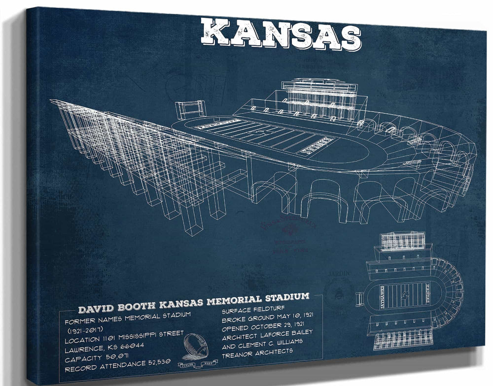 14" x 11" / Stretched Canvas Wrap Cutler West Vintage Kansas Jayhawks Art - Kansas Memorial Stadium Blueprint Football Print