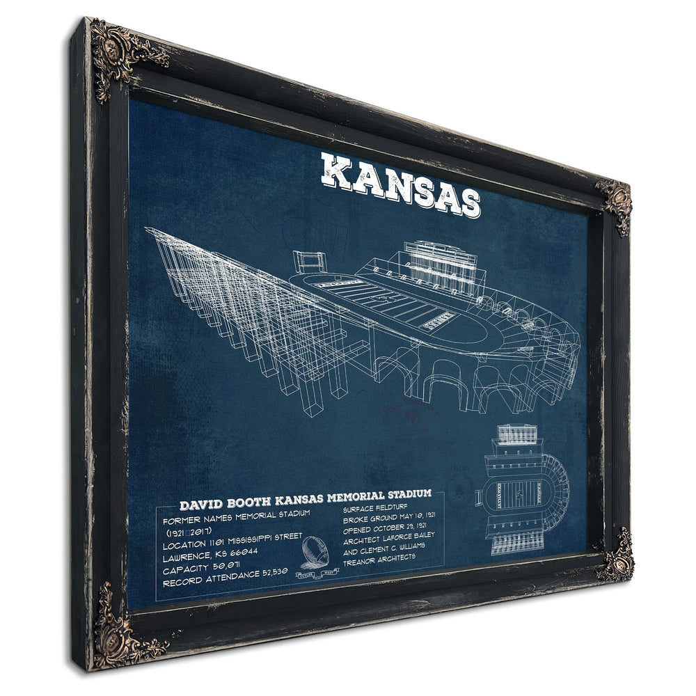 Kansas Jayhawks Art - Kansas Memorial Stadium Print in a distressed Vintage Black wood frame with ornate corners