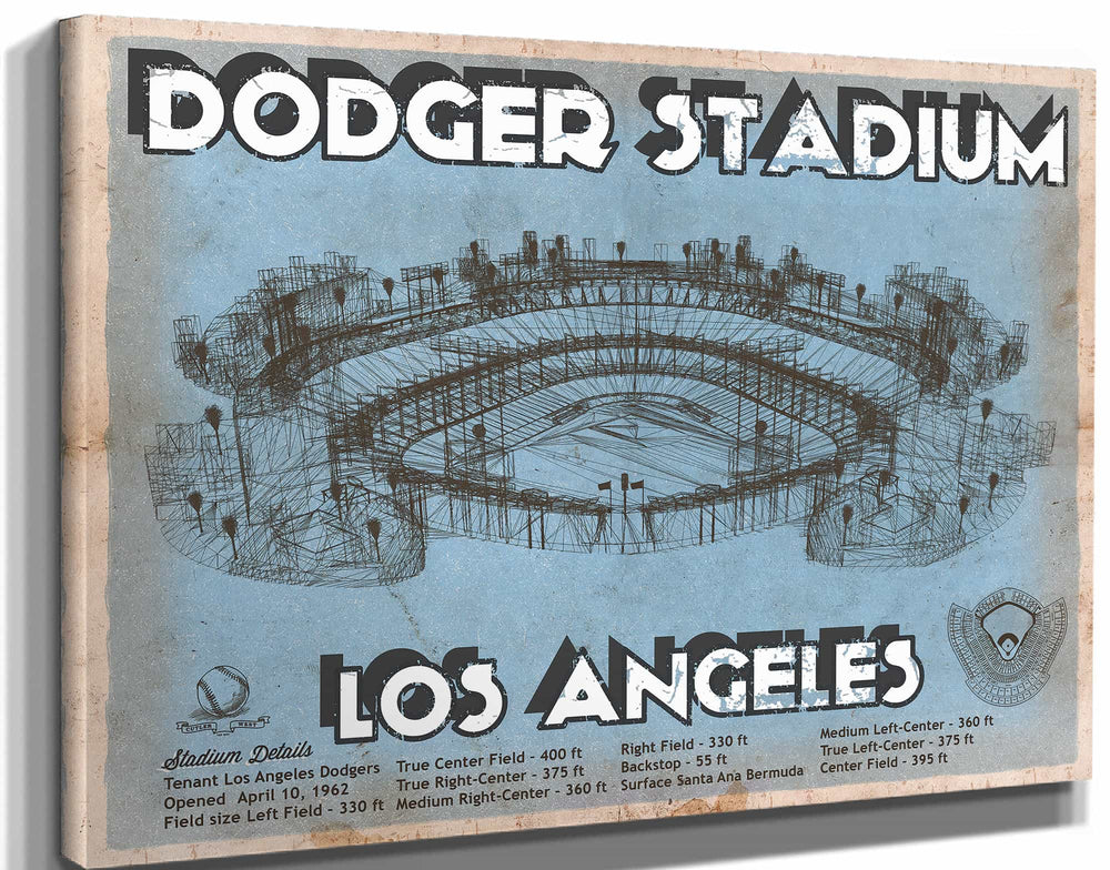 14" x 11" / Stretched Canvas Wrap Cutler West Vintage LA Dodgers Stadium Blueprint Baseball Print