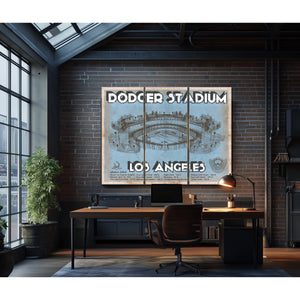 LA Dodgers Stadium Print as a 3 panel canvas wrap in an industrial loft office