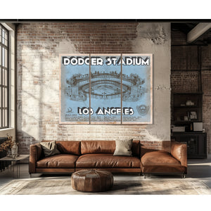 LA Dodgers Stadium Print as a 3 panel canvas wrap above a leather sofa