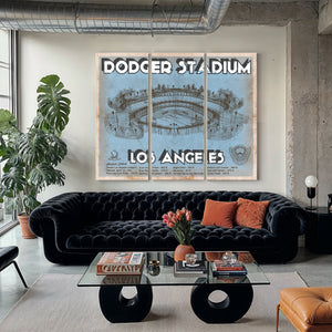 LA Dodgers Stadium Print as a 3 panel canvas wrap in a modern living room
