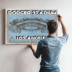 LA Dodgers Stadium Print framed in Vintage Black above a mid-century record console