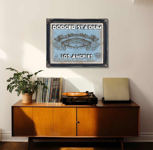 LA Dodgers Stadium Print framed in Vintage Black in a loft bedroom