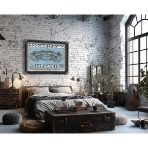 LA Dodgers Stadium Print framed in Vintage Black in a farmhouse entryway