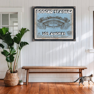LA Dodgers Stadium Print framed in Vintage Black above a rustic console table