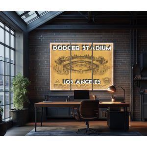 LA Dodgers Stadium Blueprint Baseball Art - Brown Edition Print as a 3 panel canvas wrap in an industrial loft office