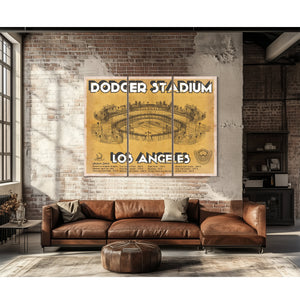 LA Dodgers Stadium Blueprint Baseball Art - Brown Edition Print as a 3 panel canvas wrap above a leather sofa