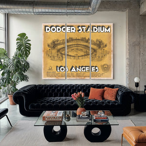 LA Dodgers Stadium Blueprint Baseball Art - Brown Edition Print as a 3 panel canvas wrap in a modern living room