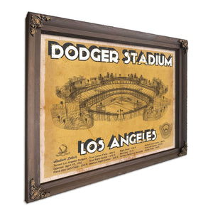 LA Dodgers Stadium Blueprint Baseball Art - Brown Edition Print in a Bourbon stained wood frame with antique gold corners