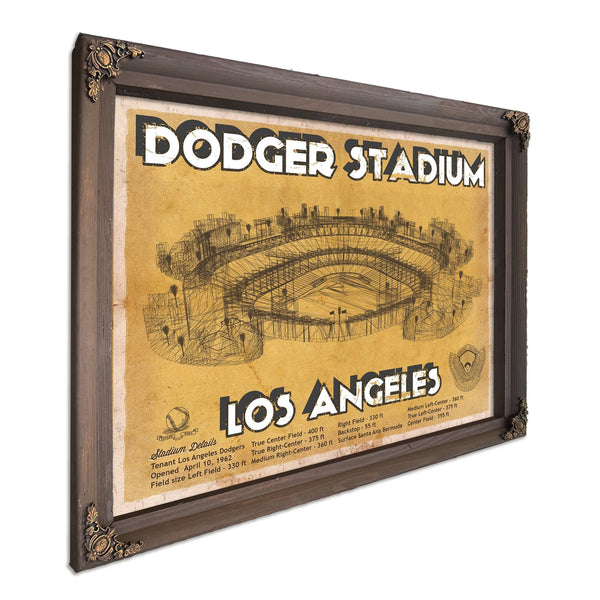 LA Dodgers Stadium Blueprint Baseball Art - Brown Edition Print in a Bourbon stained wood frame with antique gold corners