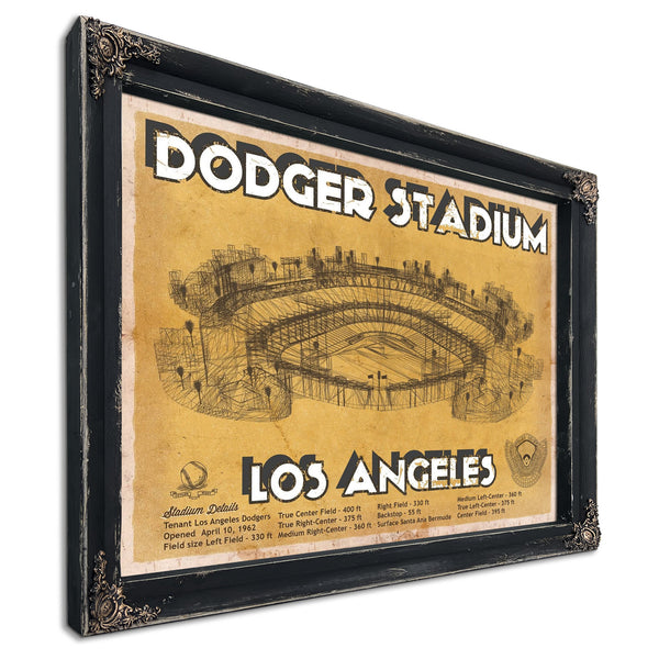 LA Dodgers Stadium Blueprint Baseball Art - Brown Edition Print in a distressed Vintage Black wood frame with ornate corners