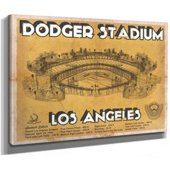 LA Dodgers Stadium Blueprint Baseball Art - Brown Edition Print as a stretched canvas wrap with gallery wrapped edges