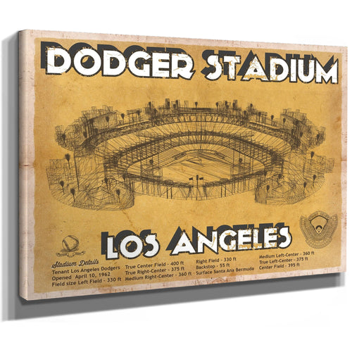 LA Dodgers Stadium Blueprint Baseball Art - Brown Edition Print as a stretched canvas wrap with gallery wrapped edges