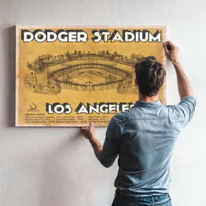LA Dodgers Stadium Blueprint Baseball Art - Brown Edition Print framed in Vintage Black above a mid-century record console