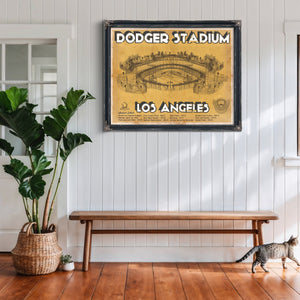 LA Dodgers Stadium Blueprint Baseball Art - Brown Edition Print framed in Vintage Black above a rustic console table