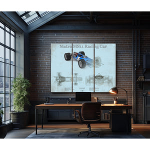 Matra Ms11 F1 Racing Print as a 3 panel canvas wrap in an industrial loft office