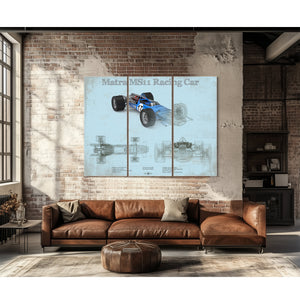 Matra Ms11 F1 Racing Print as a 3 panel canvas wrap above a leather sofa