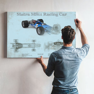Matra Ms11 F1 Racing Print framed in Vintage Black above a mid-century record console