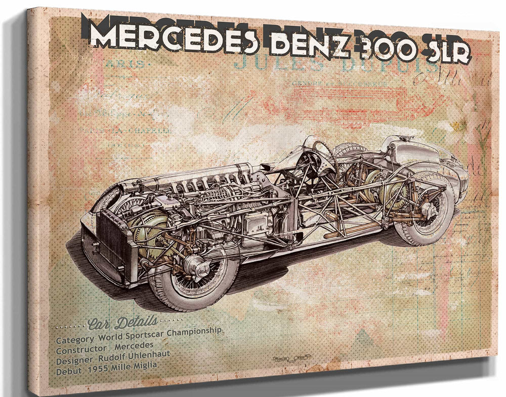 14" x 11" / Stretched Canvas Wrap Cutler West Vintage Mercedes-Benz 300 SLR Sports Car Print