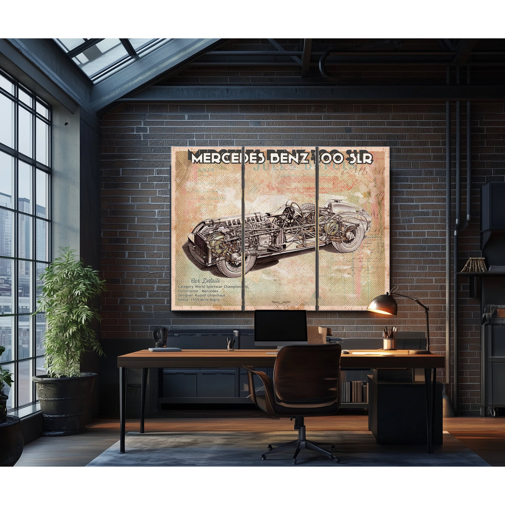 Mercedes-Benz 300 SLR Blueprint Art Print in a distressed Vintage Black wood frame with ornate corners