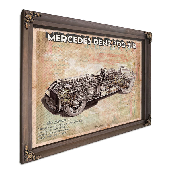 Mercedes-Benz 300 SLR Blueprint Art Print in a Bourbon stained wood frame with antique gold corners