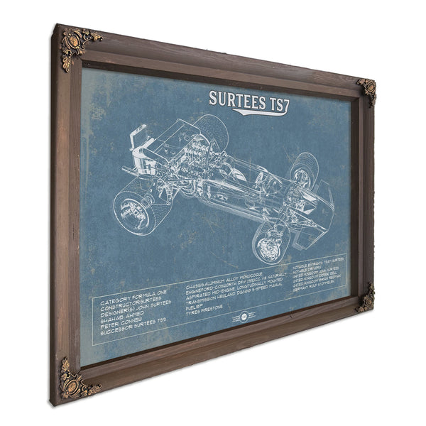 Surtees TS7 Formula One Racing Print in a Bourbon stained wood frame with antique gold corners