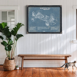 Surtees TS7 Formula One Racing Print framed in Vintage Black above a rustic console table