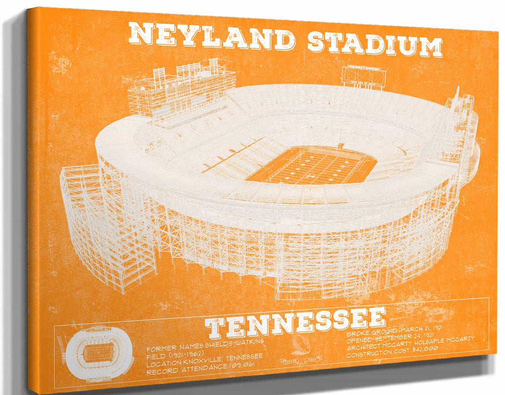 14" x 11" / Stretched Canvas Wrap Cutler West Vintage Tennessee Volunteers Neyland Stadium Blueprint Team Color Wall Art