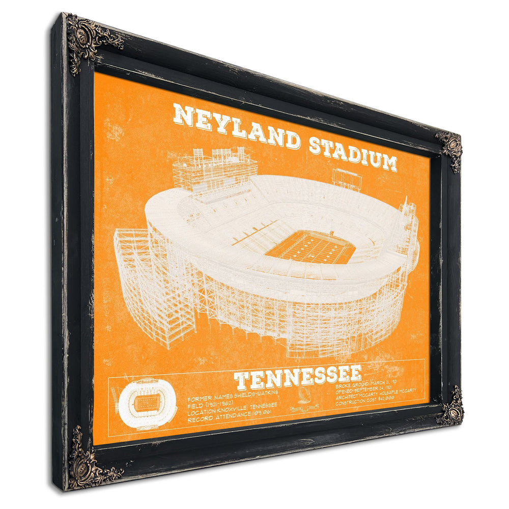 Tennessee Volunteers Neyland Stadium Print in a distressed Vintage Black wood frame with ornate corners