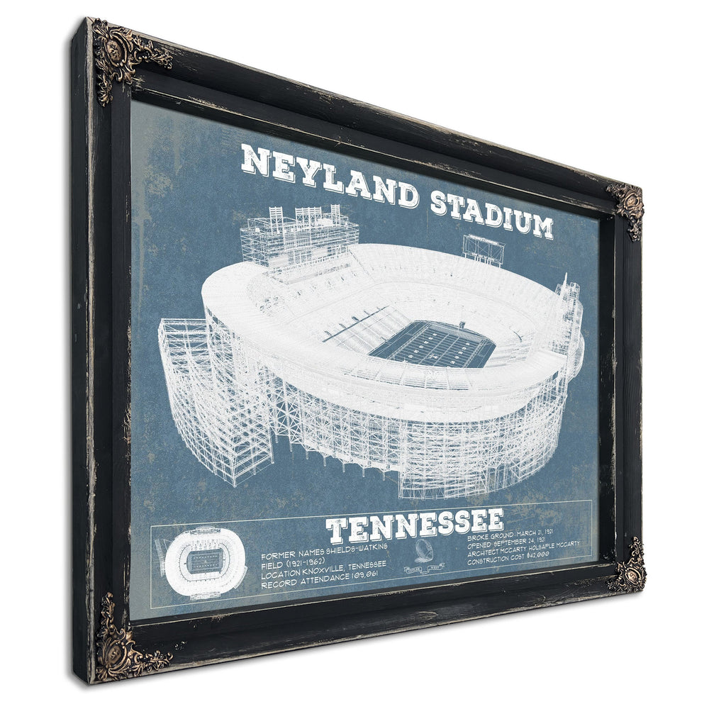 Tennessee Volunteers Neyland Stadium Print in a distressed Vintage Black wood frame with ornate corners