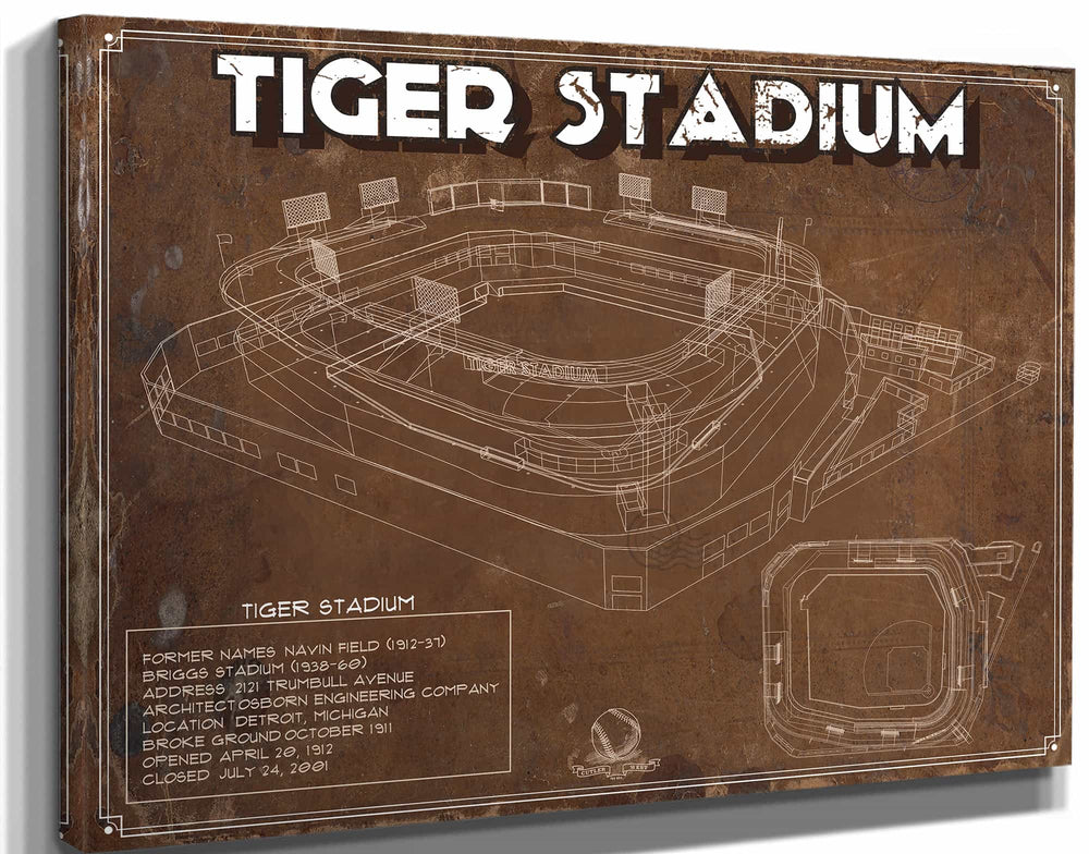14" x 11" / Stretched Canvas Wrap Cutler West Vintage Tiger Stadium Baseball Detroit Tigers Print