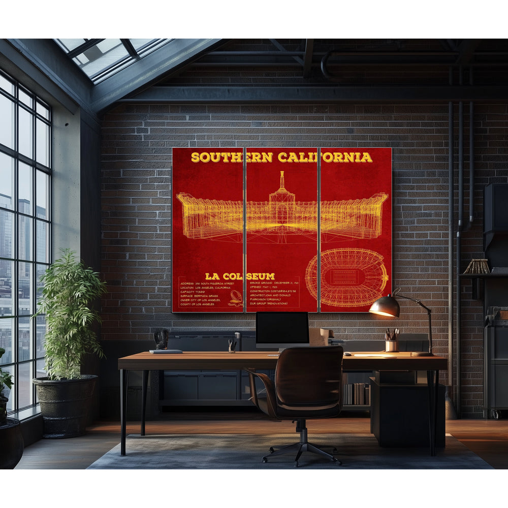 USC Trojans - LA Coliseum Stadium Print in a distressed Vintage Black wood frame with ornate corners