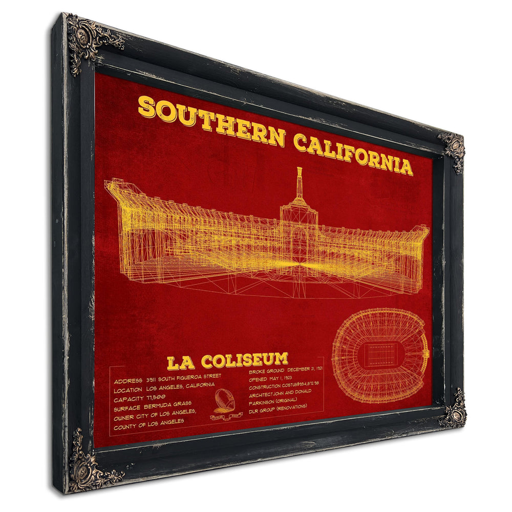 USC Trojans - LA Coliseum Stadium Print in a distressed Vintage Black wood frame with ornate corners