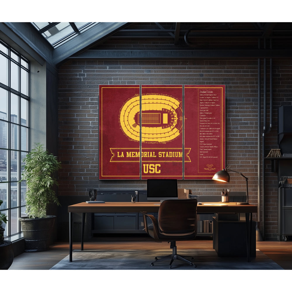 USC Trojans - LA Coliseum Blueprint Seating Print in a distressed Vintage Black wood frame with ornate corners