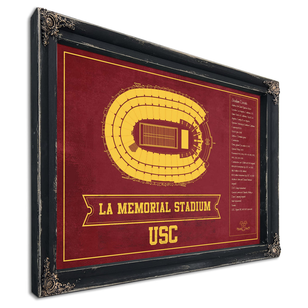USC Trojans - LA Coliseum Blueprint Seating Print in a distressed Vintage Black wood frame with ornate corners