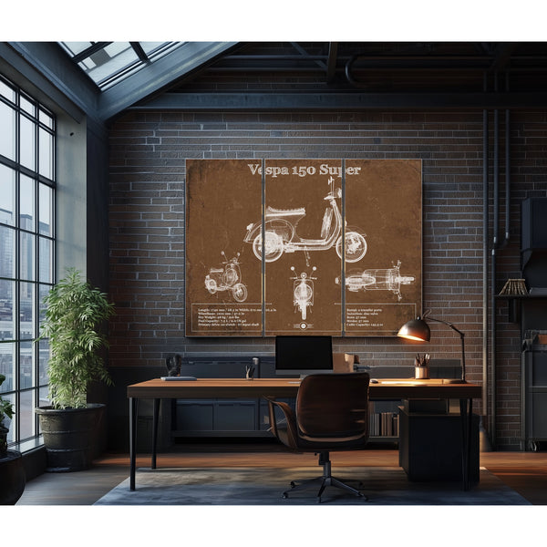 Vespa 150 VBC Scooter Print as a 3 panel canvas wrap in an industrial loft office
