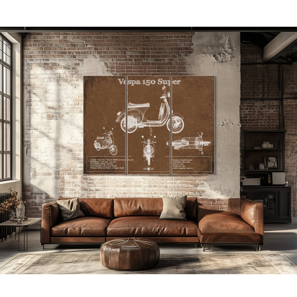 Vespa 150 VBC Scooter Print as a 3 panel canvas wrap above a leather sofa