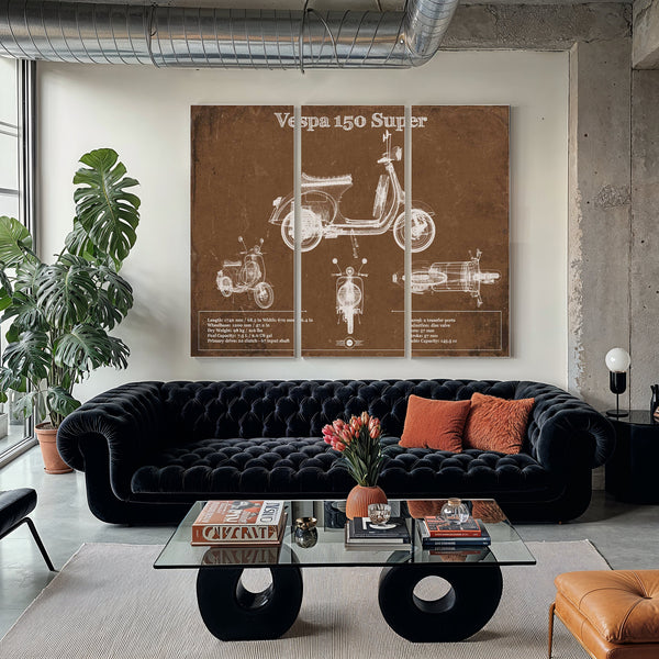 Vespa 150 VBC Scooter Print as a 3 panel canvas wrap in a modern living room