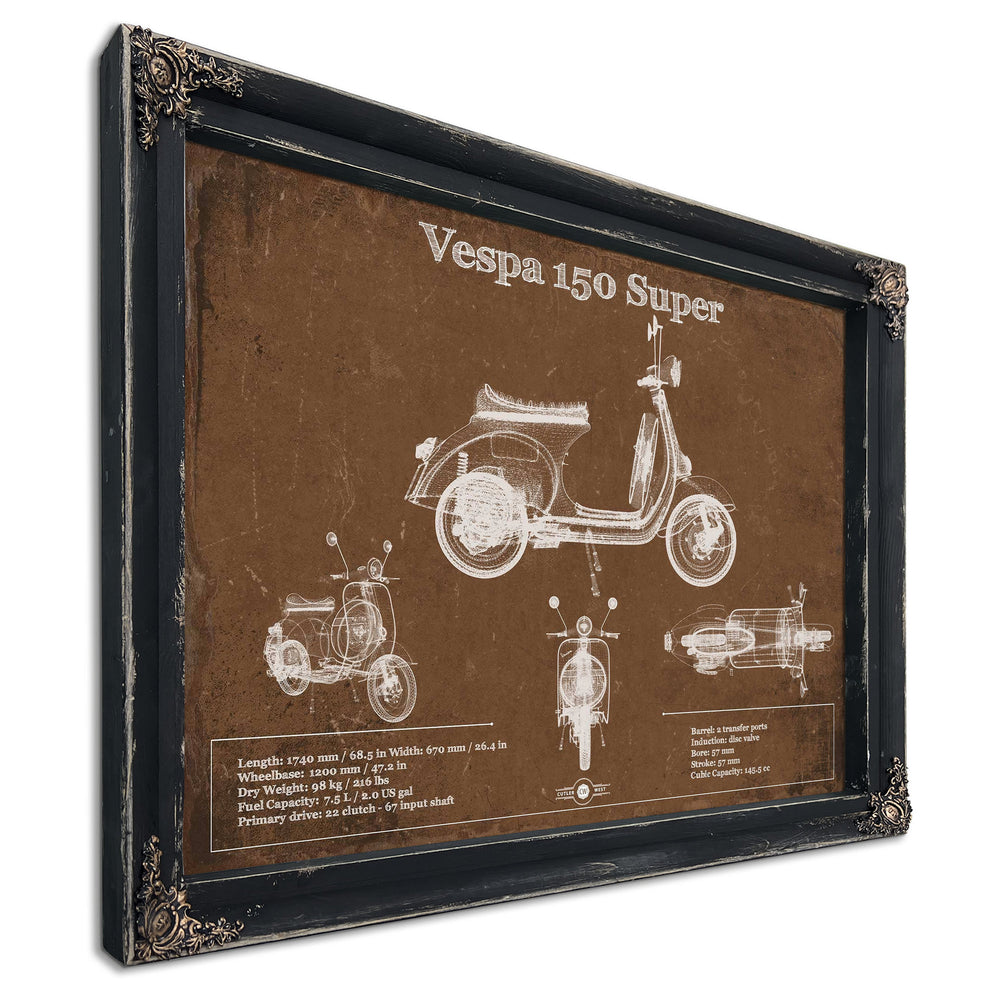 Vespa 150 VBC Scooter Print in a distressed Vintage Black wood frame with ornate corners