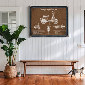Vespa 150 VBC Scooter Print framed in Vintage Black above a rustic console table