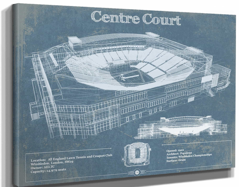 14" x 11" / Stretched Canvas Wrap Cutler West Vintage Wimbledon - Centre Court Tennis Blueprint Art
