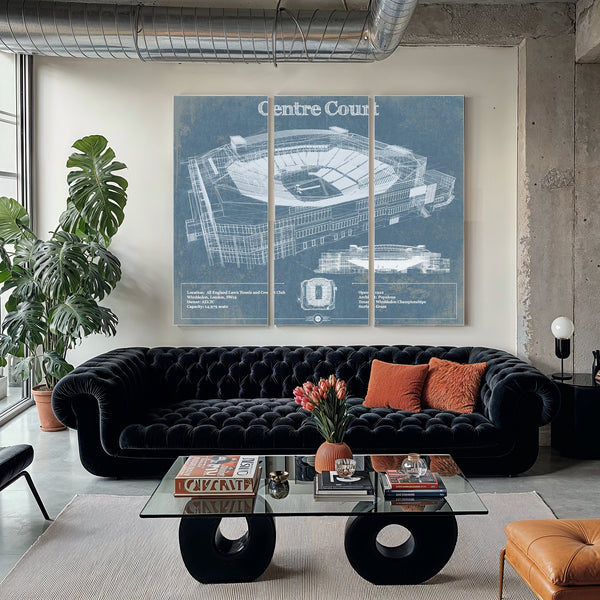 Wimbledon - Centre Court Tennis Stadium Print as a 3 panel canvas wrap in a modern living room