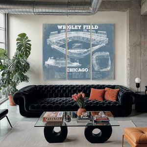 Wrigley Field Art - Chicago Cubs Stadium Print as a 3 panel canvas wrap in a modern living room