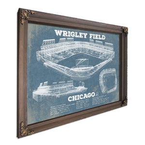 Wrigley Field Art - Chicago Cubs Stadium Print in a Bourbon stained wood frame with antique gold corners