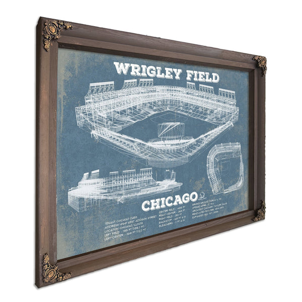 Wrigley Field Art - Chicago Cubs Stadium Print in a Bourbon stained wood frame with antique gold corners