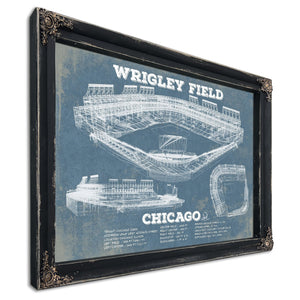 Wrigley Field Art - Chicago Cubs Stadium Print in a distressed Vintage Black wood frame with ornate corners