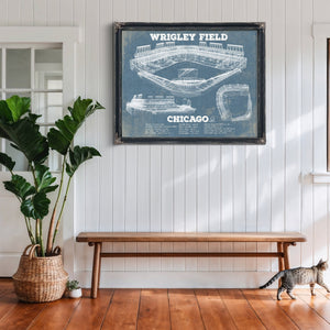 Wrigley Field Art - Chicago Cubs Stadium Print framed in Vintage Black above a rustic console table