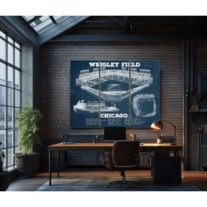 Wrigley Field Art - Chicago Cubs Stadium Print as a 3 panel canvas wrap in an industrial loft office