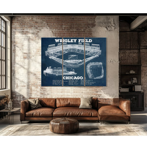 Wrigley Field Art - Chicago Cubs Stadium Print as a 3 panel canvas wrap above a leather sofa